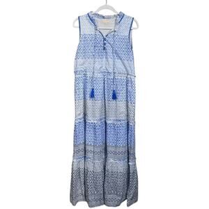 AZURE Blue and White Tiered Maxi Dress - Size Medium